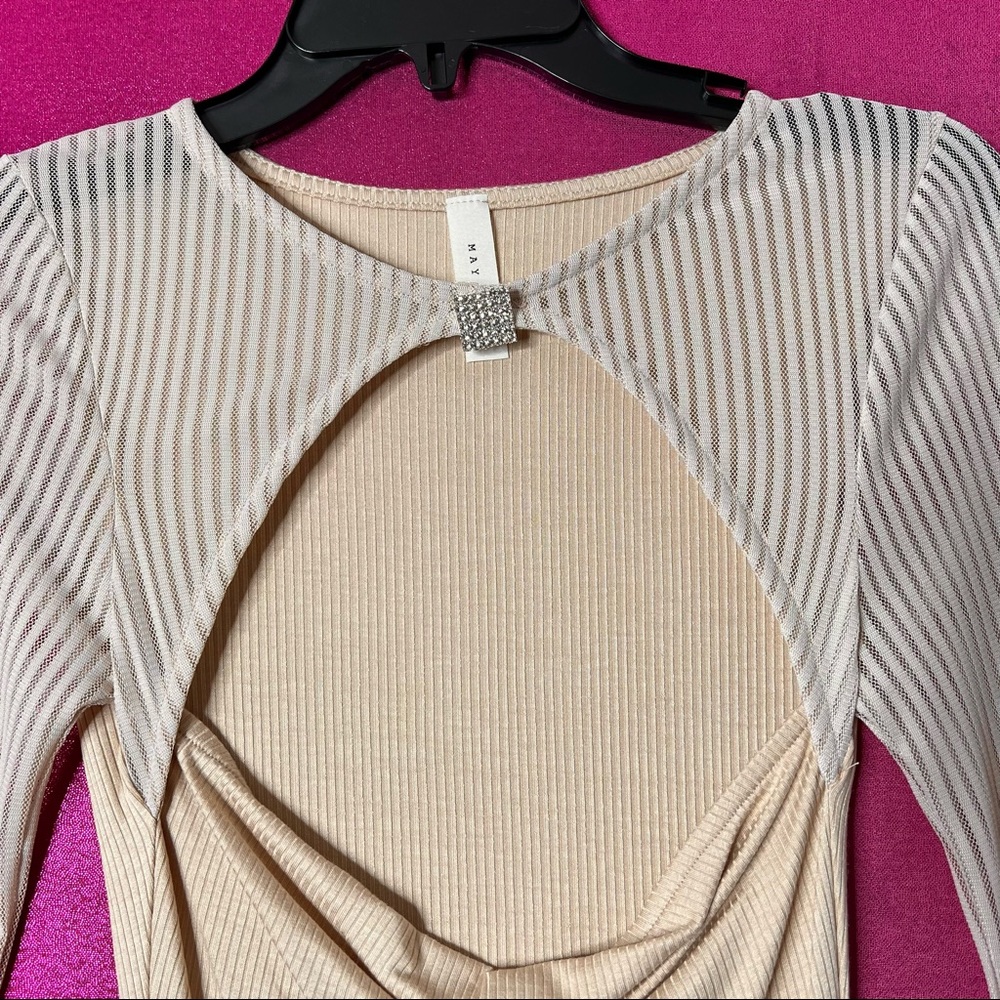 SOLD/Nude Mesh Sleeve Detail Dress with Diamond Brooch Ribbed Bodycon Dress - Picture 12 of 16